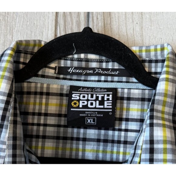 Southpole Mens Plaid Button-Up Short Sleeve Shirt XL Black/Yellow/White/Grey EUC - Picture 5 of 6